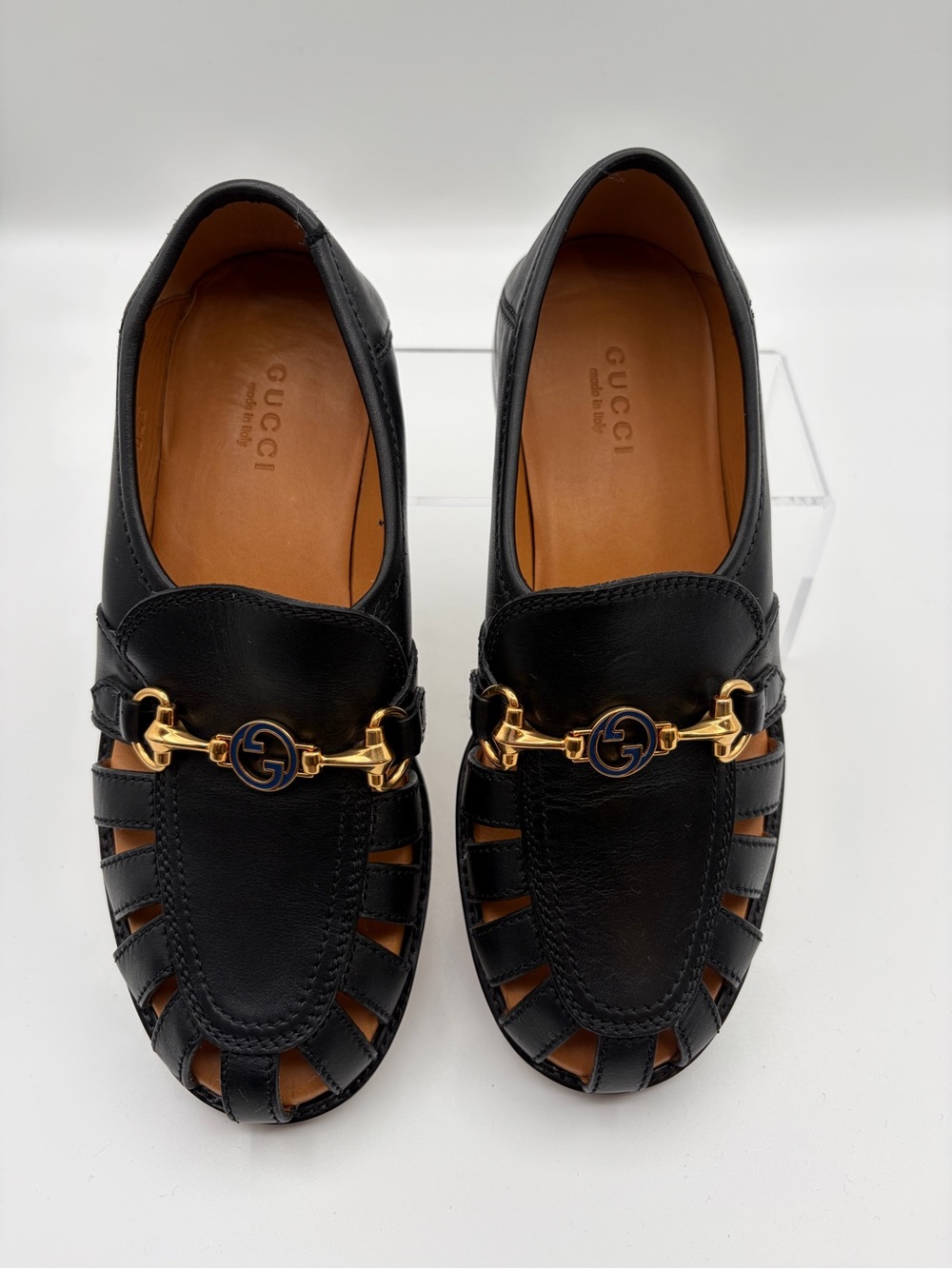 Gucci Talete Horsebit Cutout Leather Loafers Black Gold Size 34